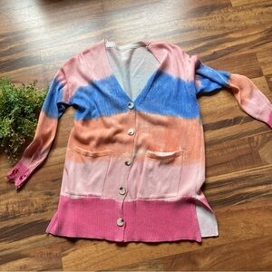 Women's Multi-Color Striped Button Cardigan Sweater - Pink/Blue/Peach